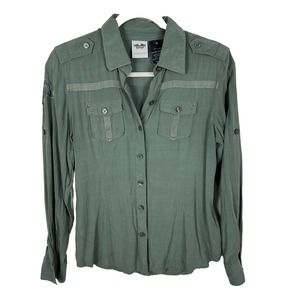 Harley Davidson Womens M Military Green Graphic Button Up Long Sleeve Y2K